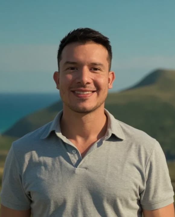 Alex Comi, smiling, outdoors by the sea